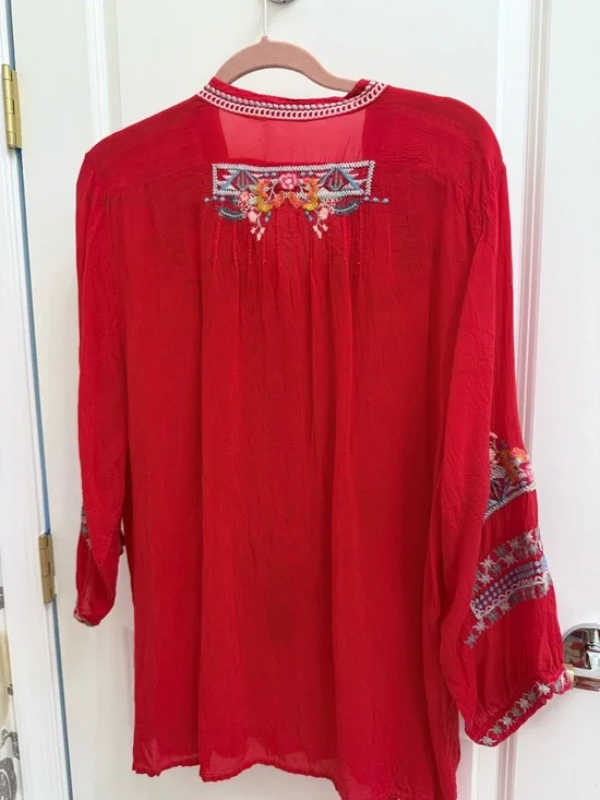 Johnny Was Crimson Red Embroidered Boho Tunic - Picture 2 of 3